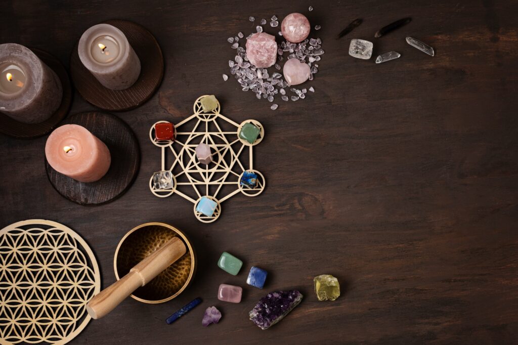 Healing chakra crystal grid therapy. Rituals with gemstones and aromatherapy for wellness, healing