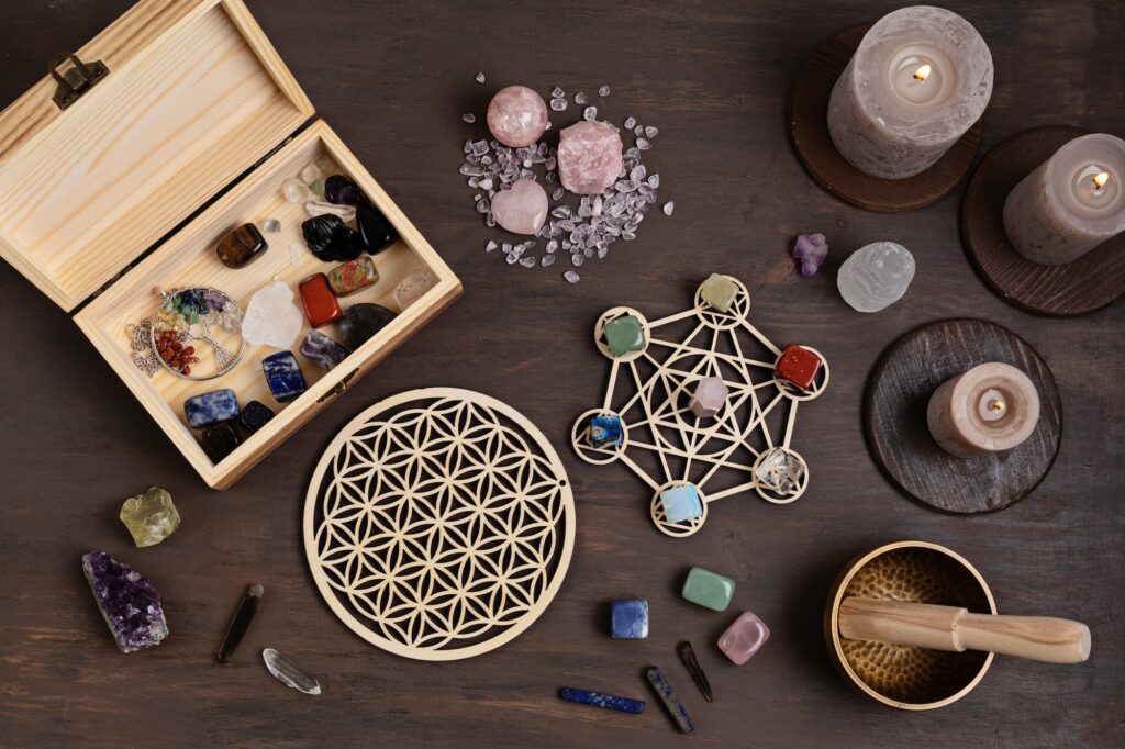 Healing chakra crystal grid therapy. Rituals with gemstones and aromatherapy for wellness, healing